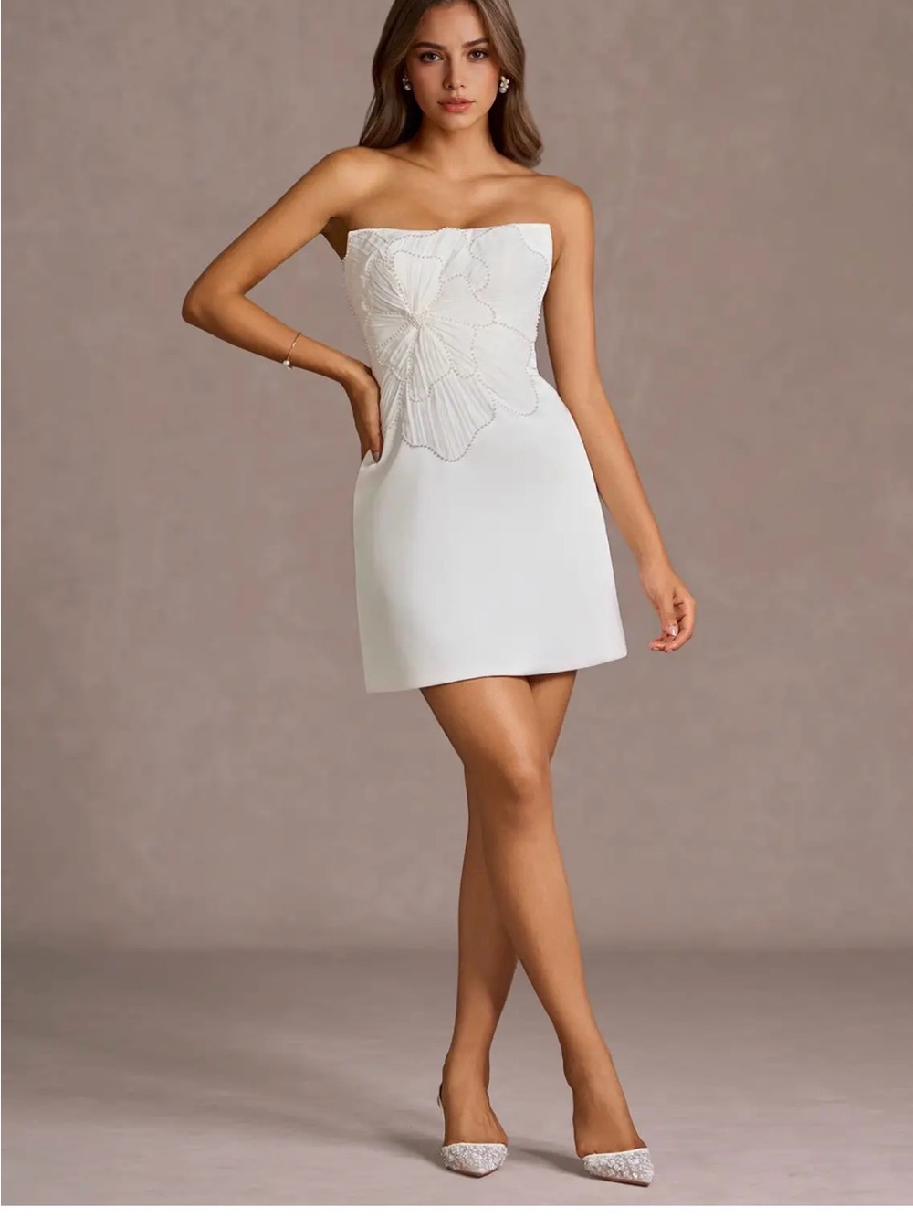 Azazie Leina Strapless White Embroidered Mini Dress
